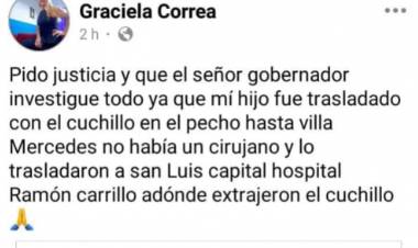 Salud Desastre en  Unión:trajeron un joven acuchillado 300 kms por no haber médico, con el cuchillo en el pecho. Espósito, Dassa y la vergüenza.No hay detenidos y denuncian protección política 