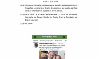 Asqueante: Bazla recomienda no aparentar ni ostentar vacaciones a los Funcionarios.Sabe que pueden darse lujo, pero que no lo demuestren en facebook ni redes sociales.