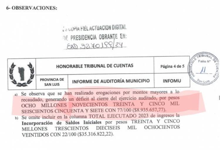 Olivero dejó déficit en La Punta.Una auditoría del Tribunal de Cuentas lo determinó.Municipio al rojo .