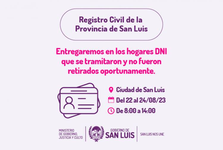 De martes a jueves entregarán DNI  en domicilios puntanos