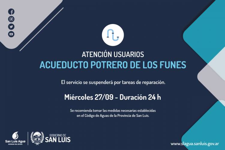 Suspenderán el servicio del Acueducto Potrero de los Funes