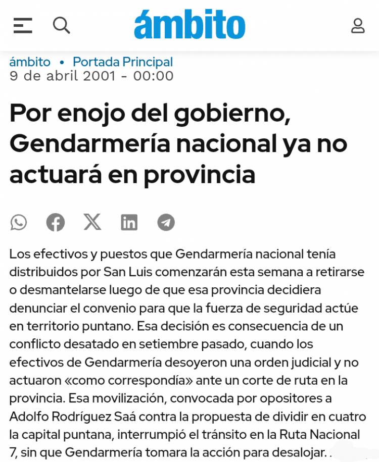 Gendarmería se fue en 2001.Los echó Adolfo y Poggi como Ministro .La pérdida de memoria .La Policía Provincial sospechada ? O POGGI tiene temor a un acuartelamiento? Desconfianza, aunque el 93 por ciento contra  Narcotráfico la hace  la fuerza Provincial 