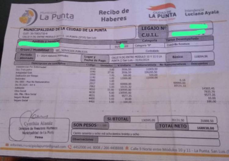 La Punta: el recibo miserable  que muestra que pagaba Olivero y paga  Ayala .160 mil pesos por 12 horas de lunes a domingo.Verguenza 