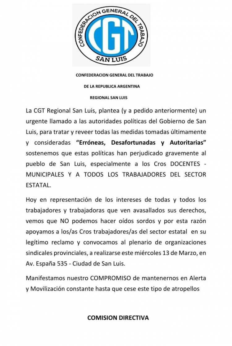 La CGT dice que Poggi toma desiciones erróneas, desafortunadas y autoritarias .Plenario de gremios con consecuencias con la.CGT involucrada