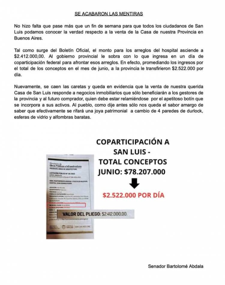 Abdala dice que Poggi es un mentiroso.Con un día de Coparticipación, arregla el Policlínico de Villa MERCEDES .Se caen las caretas , dice el Libertario