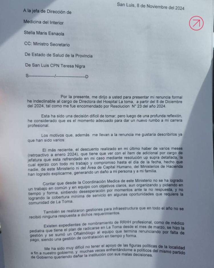 Renunció la puntera y Directora Hospital de La Toma Celeste Fernández, con duras críticas a Nigra y Esnaola.Es hija del Director de Minería..Que opere la Domimga, la Ana o la Elva, habría dicho.