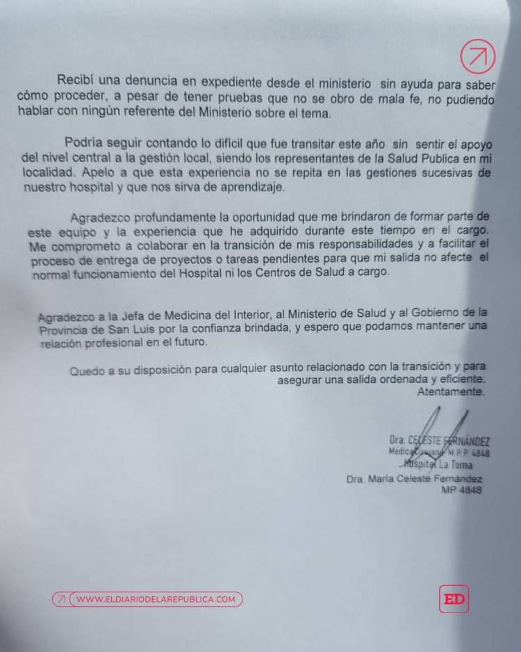 Renunció la puntera y Directora Hospital de La Toma Celeste Fernández, con duras críticas a Nigra y Esnaola.Es hija del Director de Minería..Que opere la Domimga, la Ana o la Elva, habría dicho.