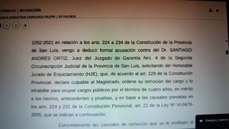 El Procurador pidió la destitución del Juez Ortiz e inhabilitación por cuatro años . Días decisivos con un Juicio, netamente político . 