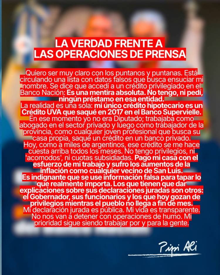 PIPI ALI y otra opereta del poggismo .Un crédito UVA de 2017, informado como actual .Demasiado berreta.Miente, miente, que algo quedará.
