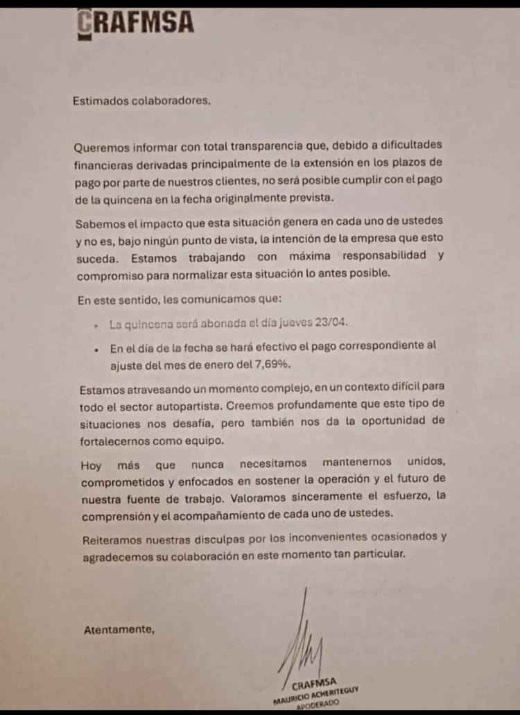 CRAFMSA demora pago de quincenas por él atraso de las automotrices.La cadena de pagos a punto de cortarse . 